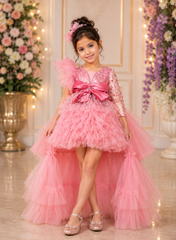Onion Pink Ruffled Dress with Ruffled Trail