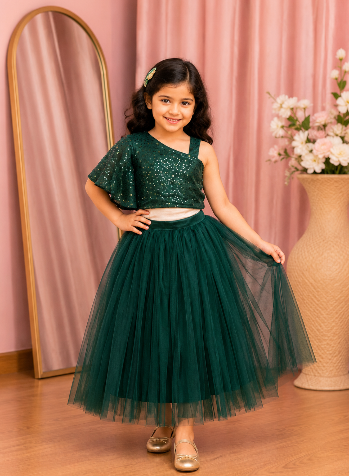 Emerald Green One Shoulder Embroidered Top And Net Skirt