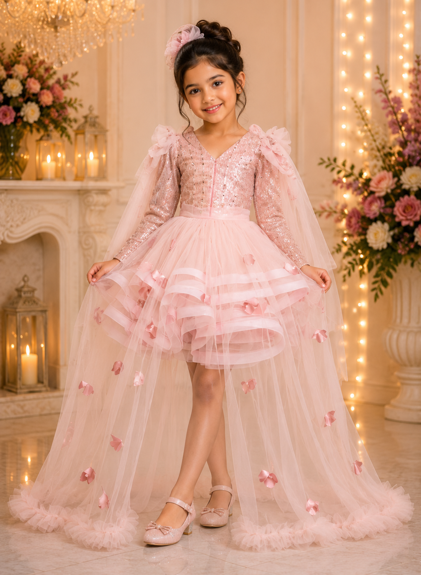 Nude Pink Shimmery Butterfly Dress with Trail