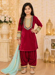 Magenta Pink Velvet Patiayala Suit