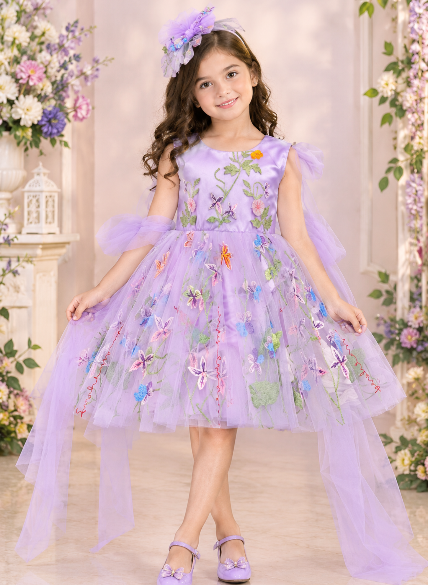 Lavender Embroidered Net Romper Dress