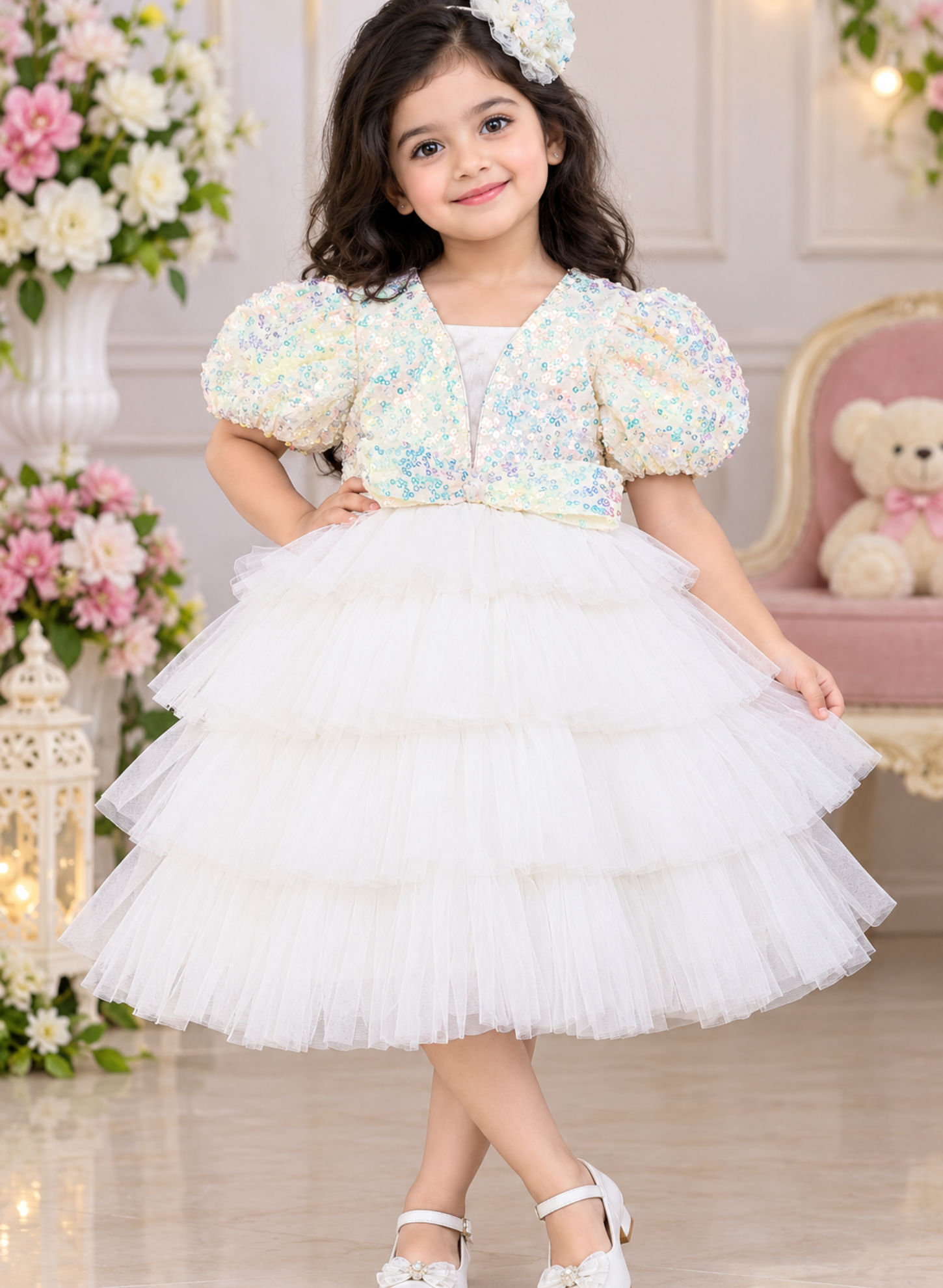 White Ruffled Sequins Dress