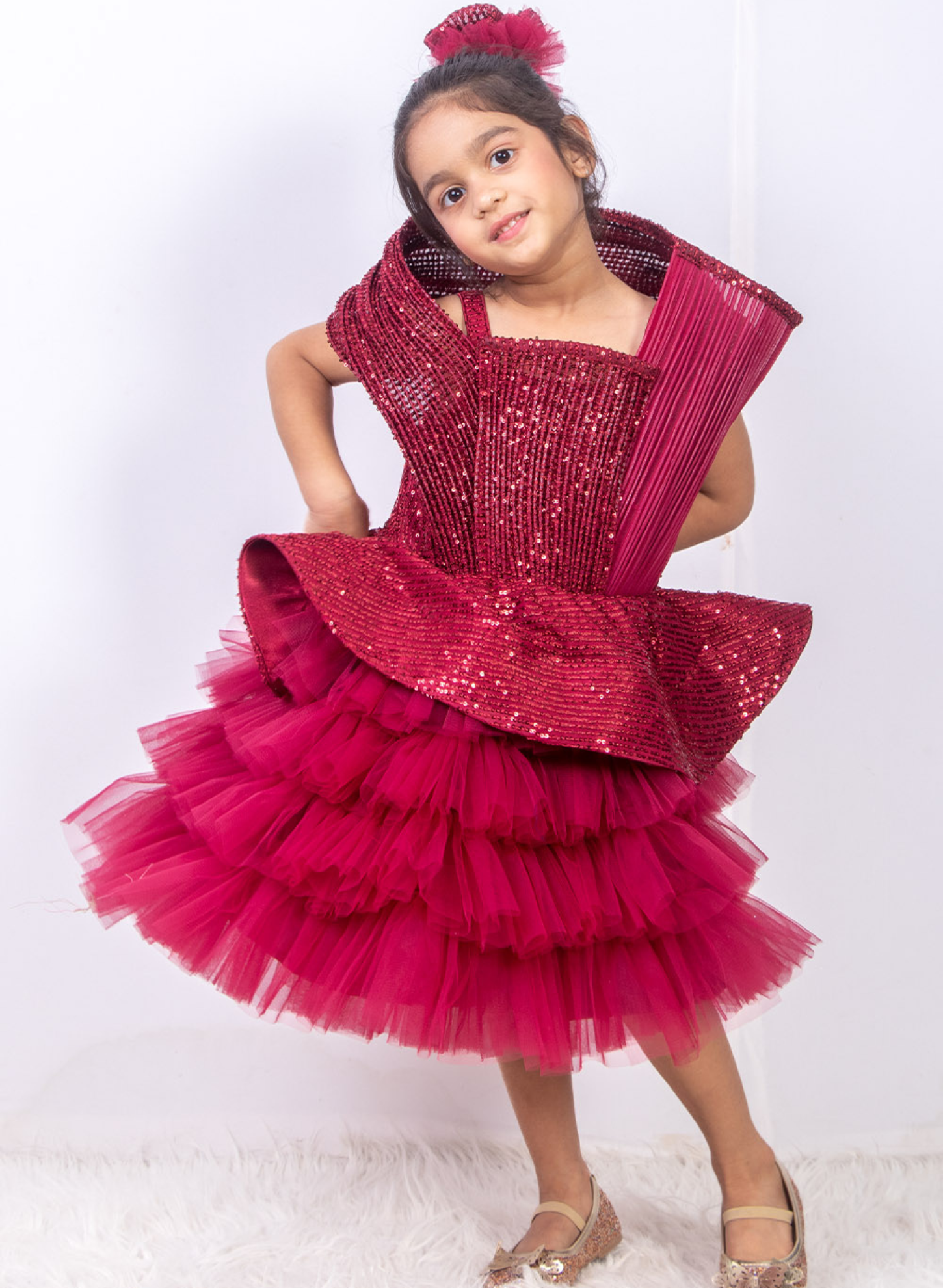 Maroon Sequins and Net Layered Dress