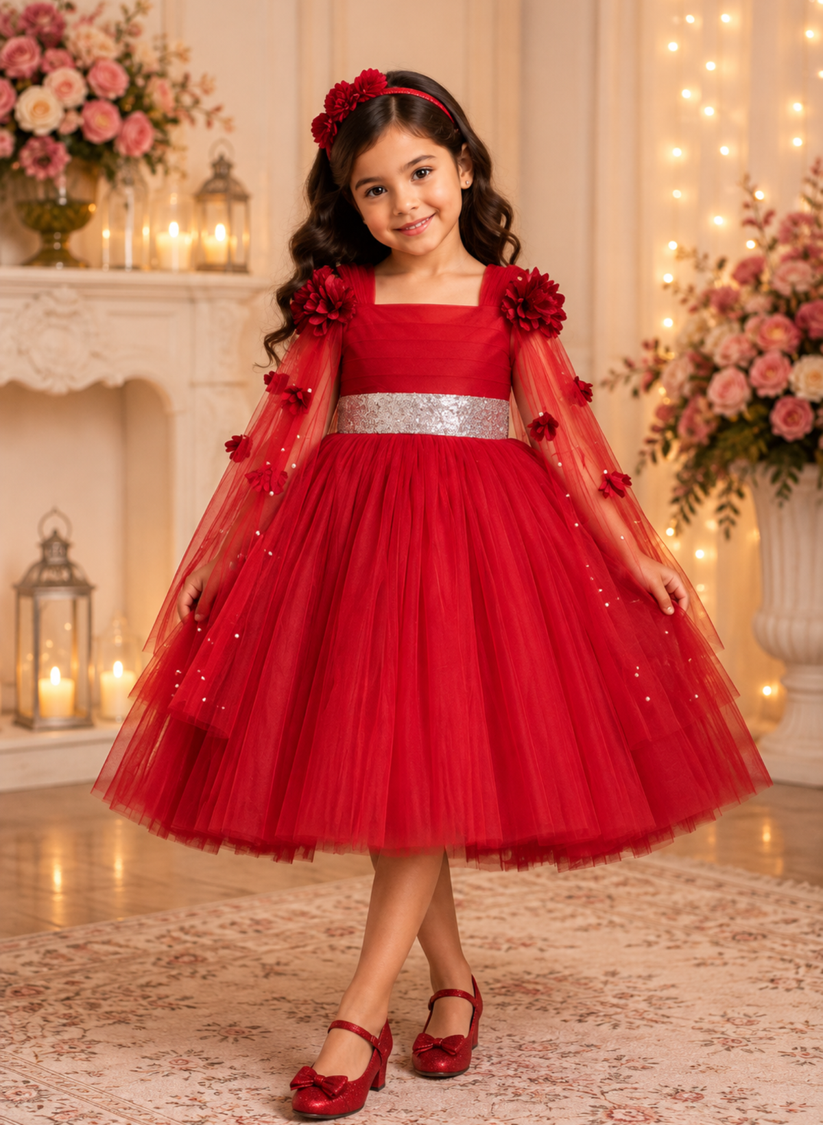 Maroon Elongated Flowers Sleeves Gown