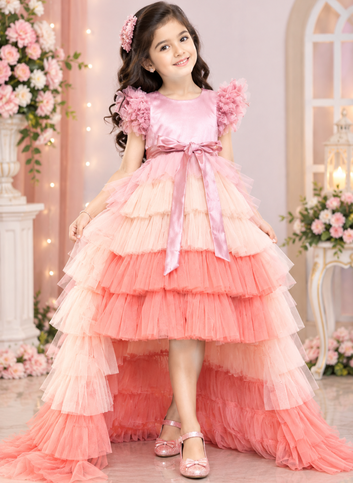 Onion Pink Shaded Ruffled Trail Dress
