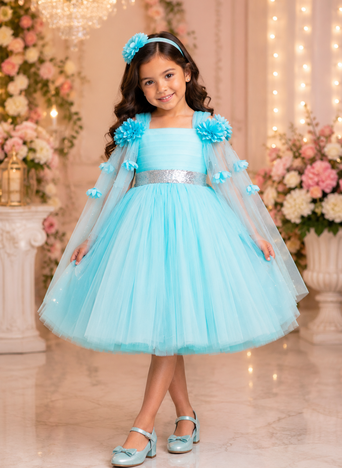 Sky Blue Elongated Flowers Sleeves Gown