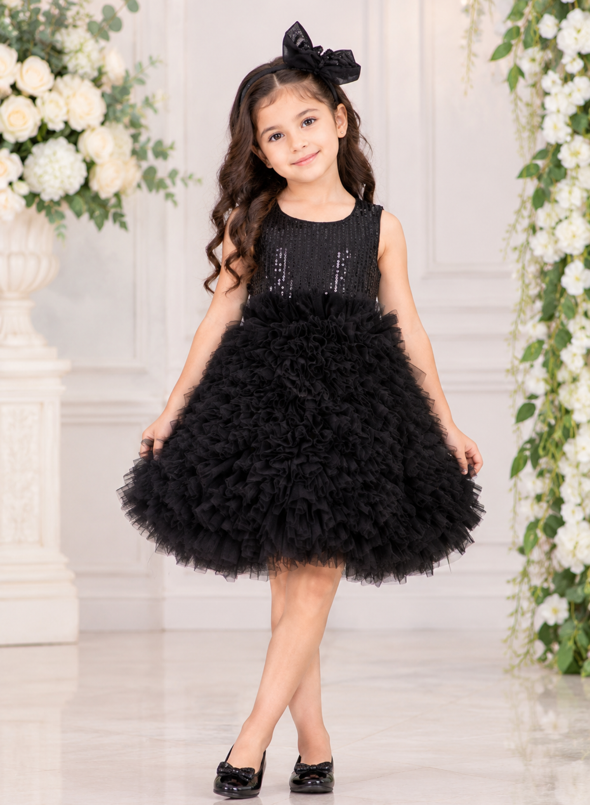 Black Ruffled Net and Sequins Dress