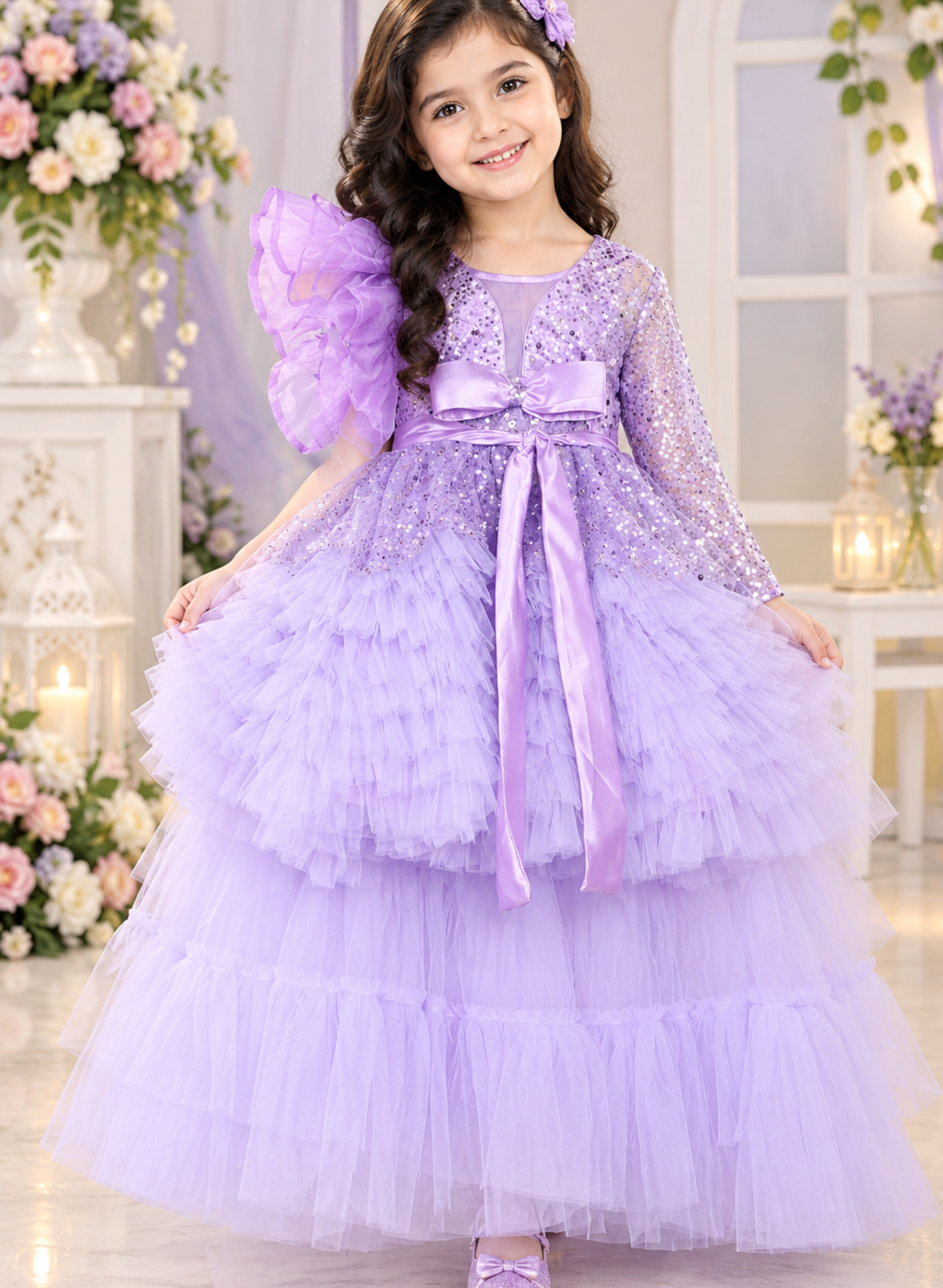 Lavender Ruffled Dress with Ruffled Trail