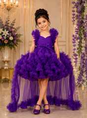 Purple Heavy Ruffles Dress with Back Trail