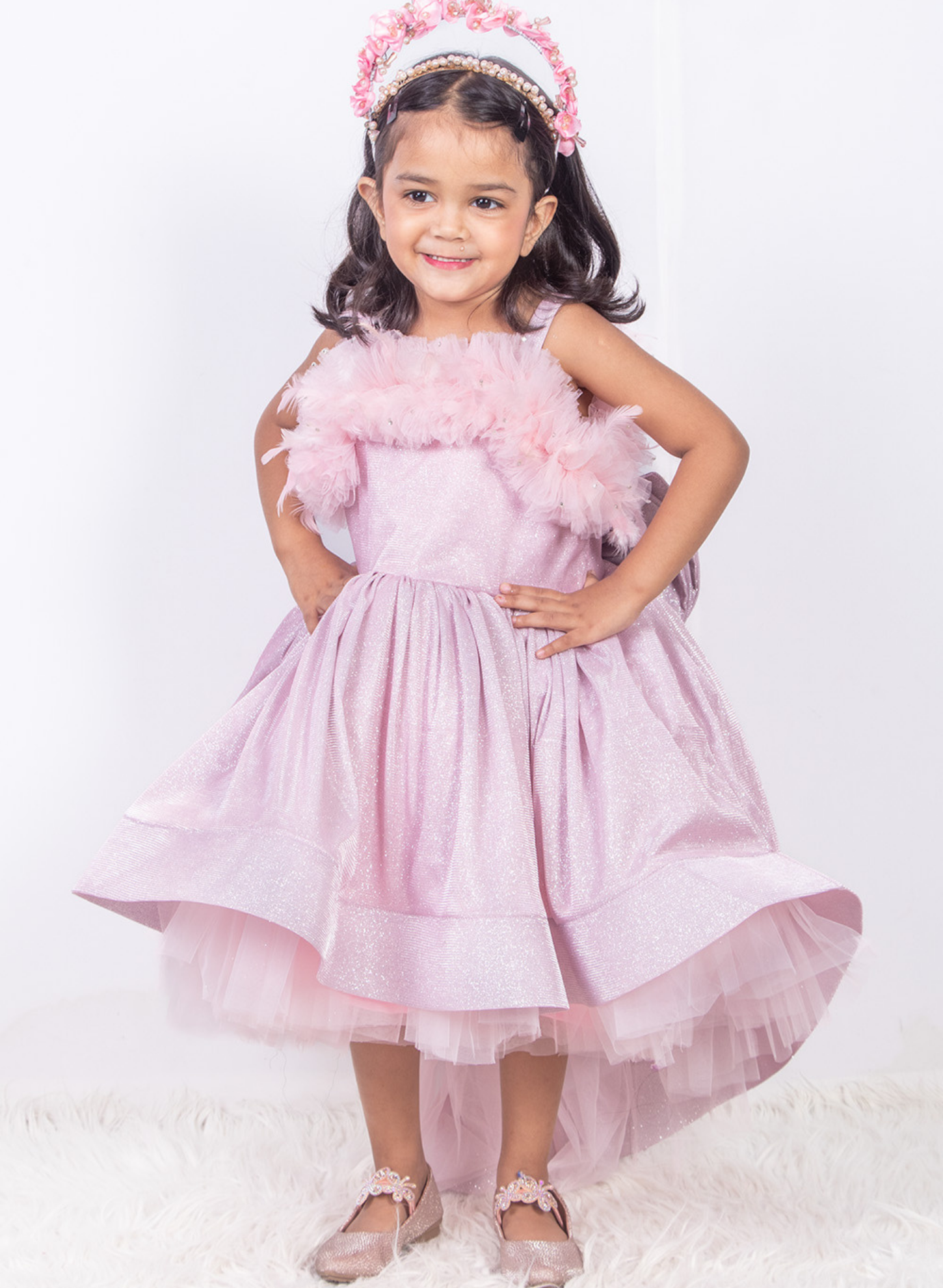 Pink Shimmer High Low Dress with Feathers