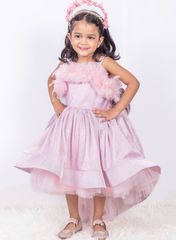 Pink Shimmer High Low Dress with Feathers