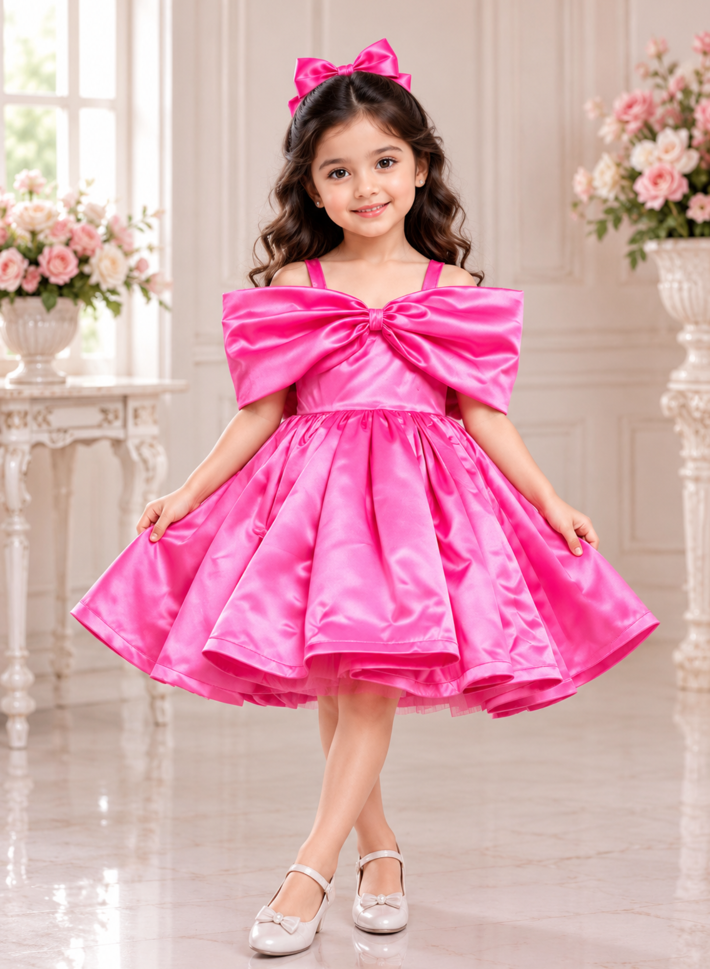 Pink Satin Off Shoulder Dress