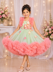 Peach and Green heavy Ruffled Net Dress