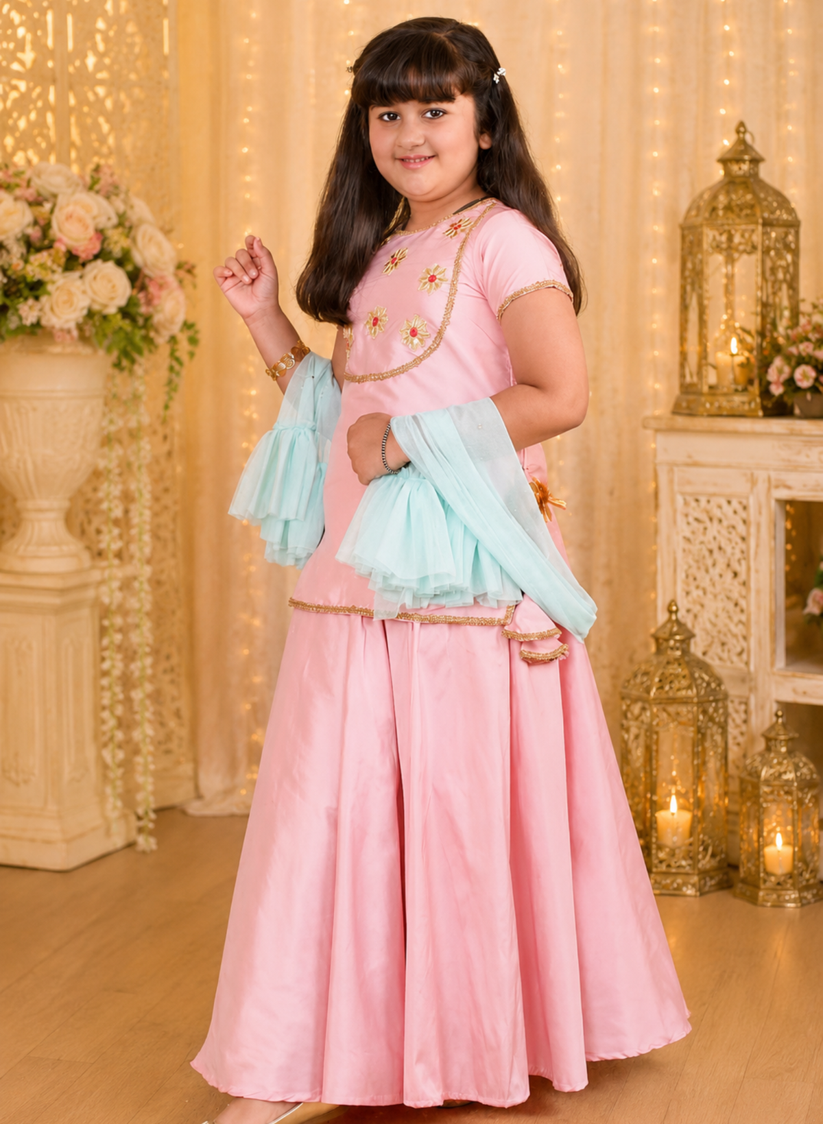 Peach and Green Lahenga Set