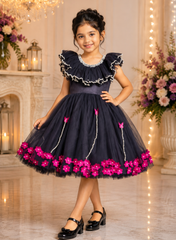 Black Pink Flower and Pearls Dress