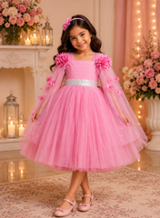 Onion Pink Elongated Flowers Sleeves Gown