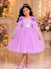 Lavender Elongated Flowers Sleeves Gown