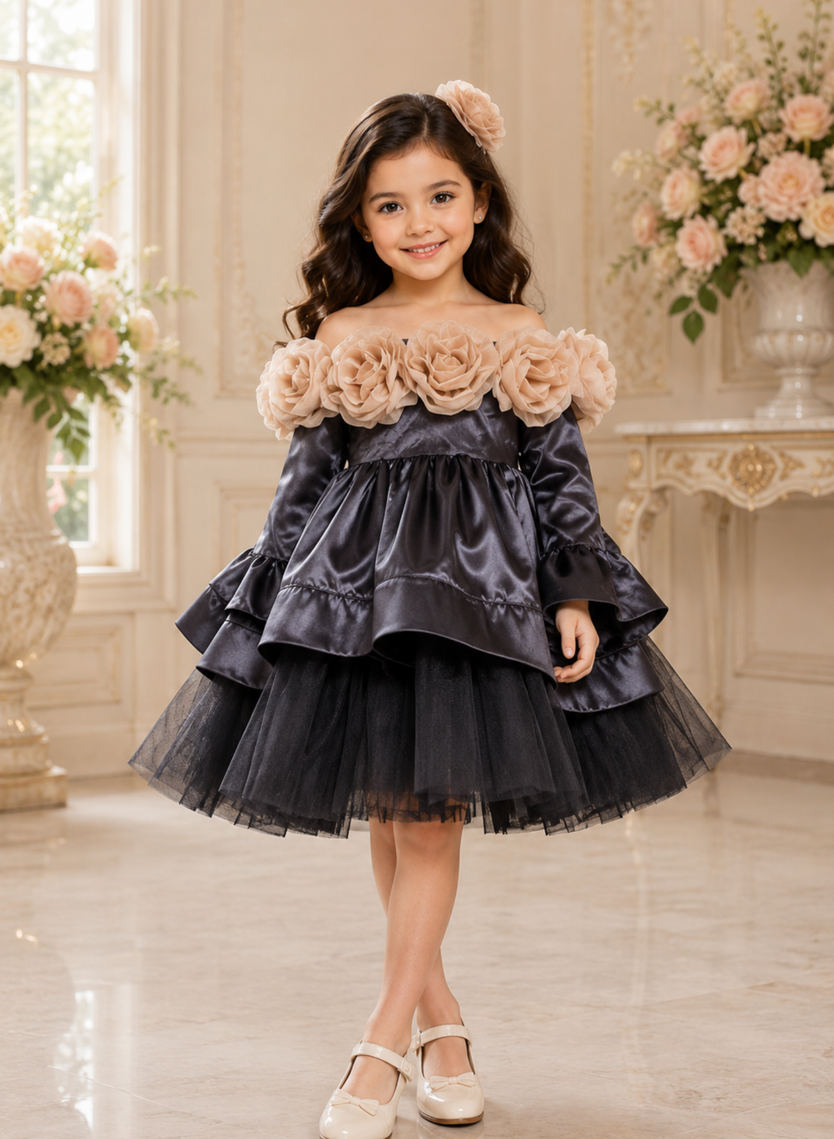 Black Satin and Organza Flower Dress