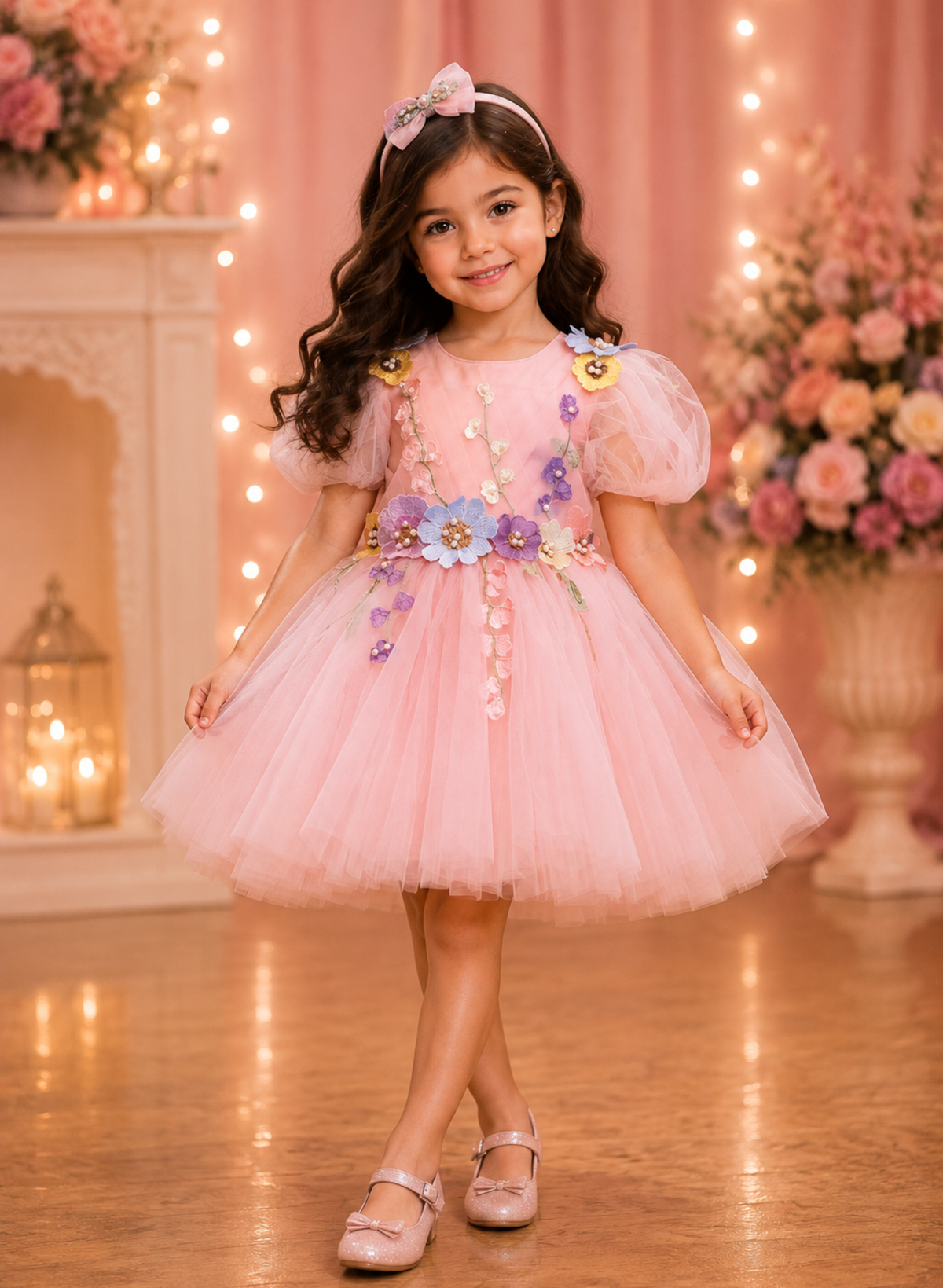 Floral Applique Pink Party Dress