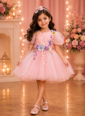 Floral Applique Pink Party Dress