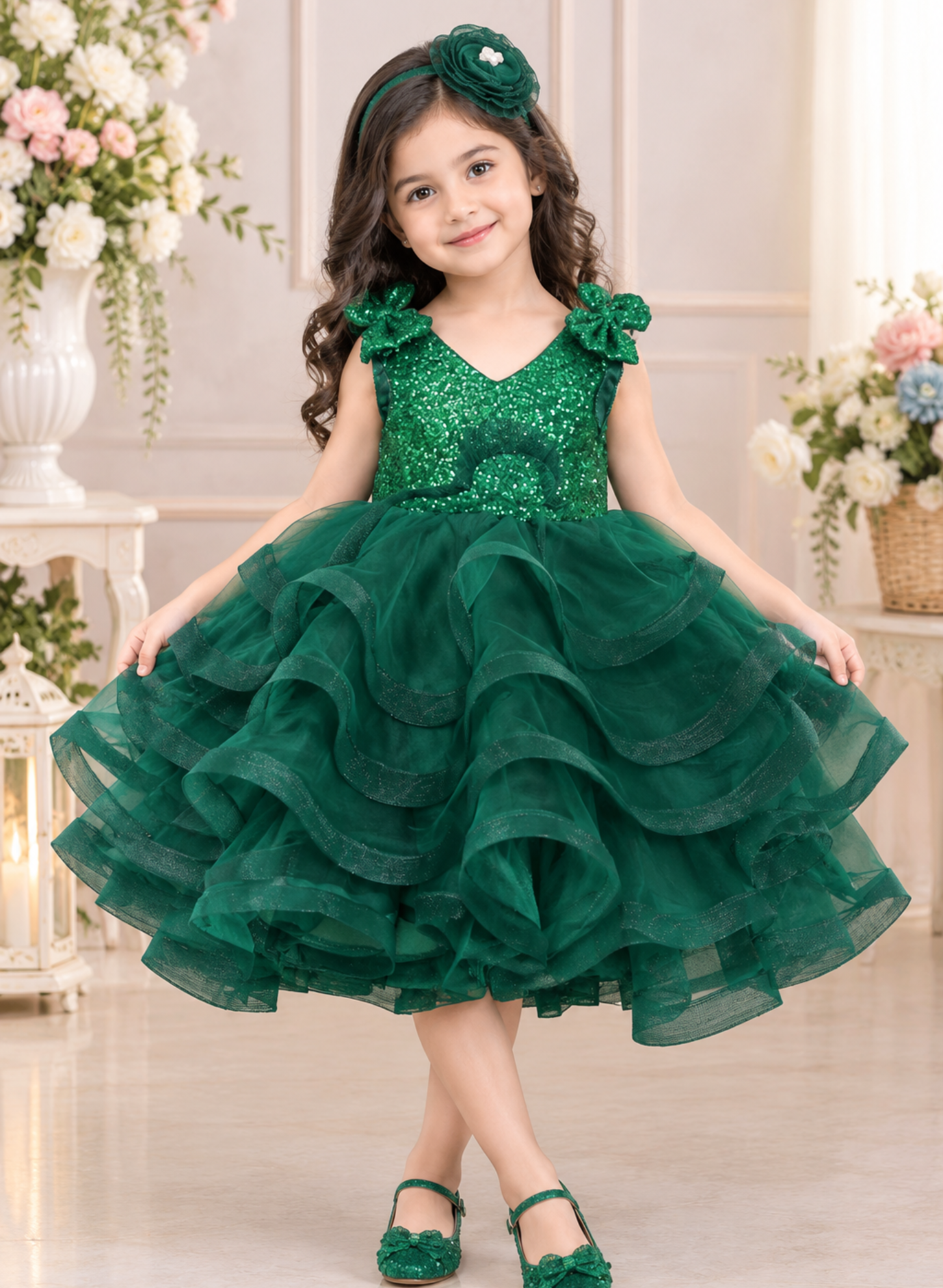 Bottle Green Little Fairy Birthday Dress with Trail
