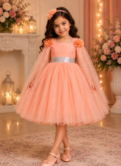 Peach Elongated Flowers Sleeves Gown
