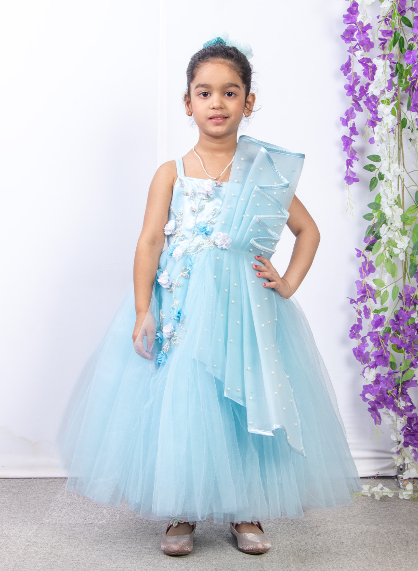 Sky Blue Elsa Theme Hand Embroidered Gown