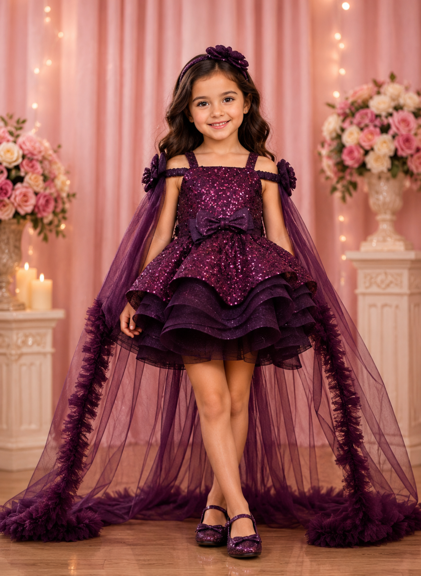 Sequined Purple Party Dress with Trail