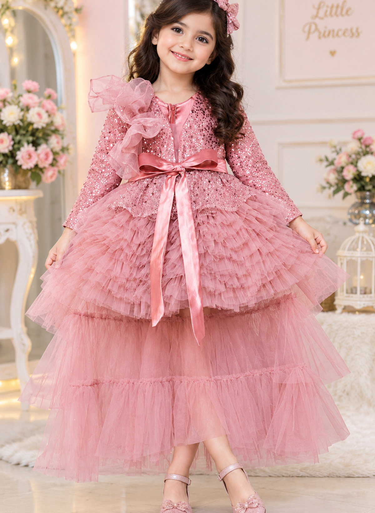 Dusty Pink Ruffled Dress with Ruffled Trail