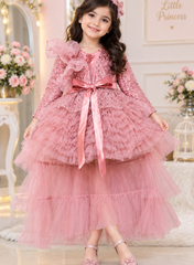 Dusty Pink Ruffled Dress with Ruffled Trail