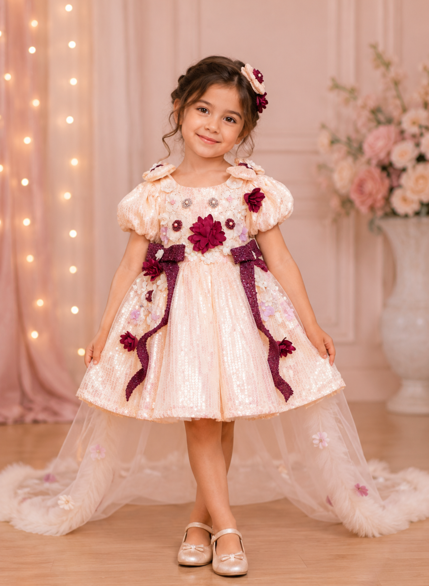 Off White and Wine Sequins Dress