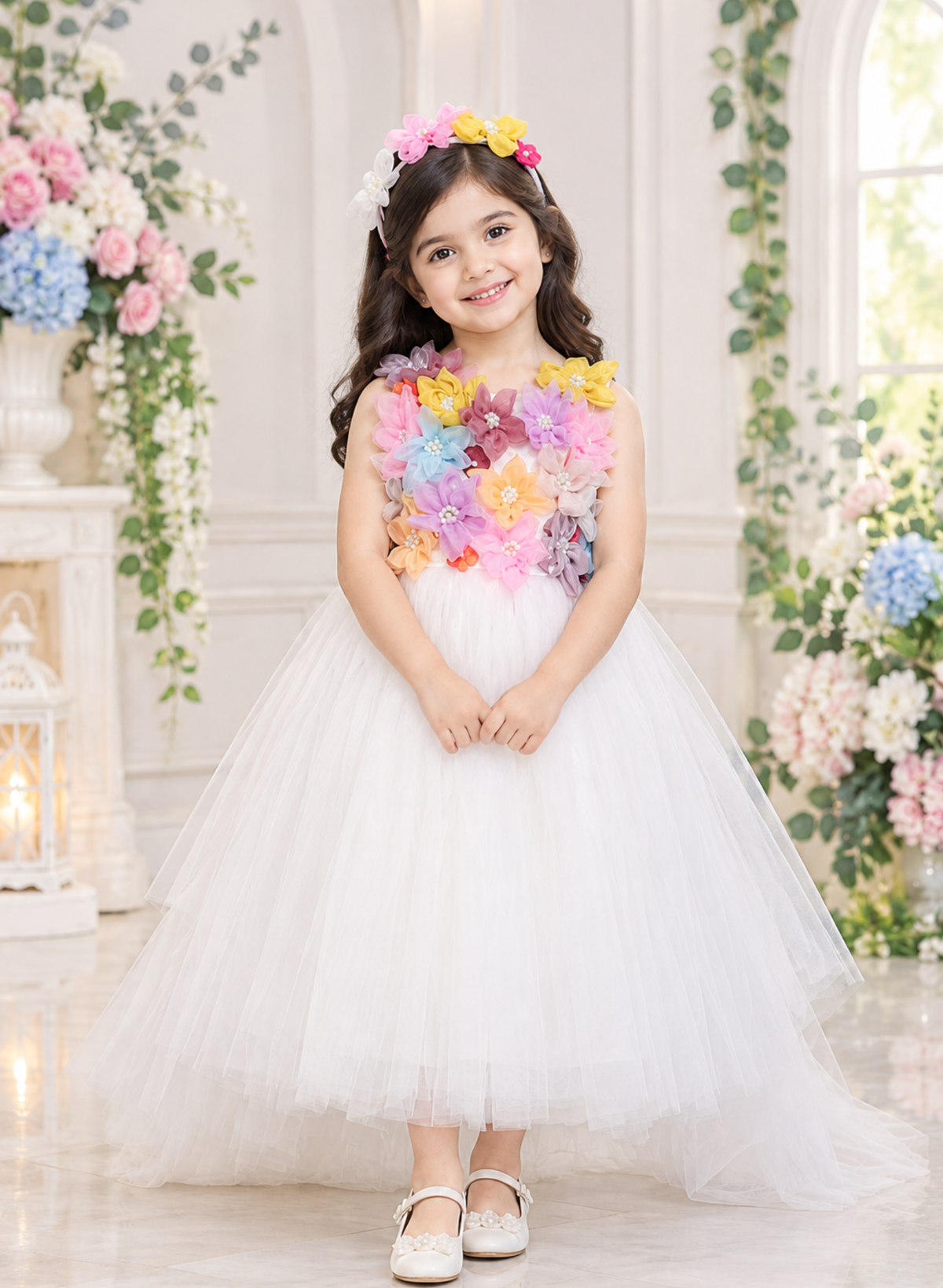 White 3D Flower Net Dress