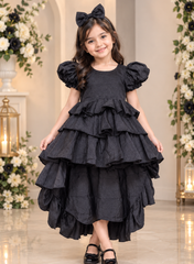 Black Raw Silk High Low Ruffled Dress