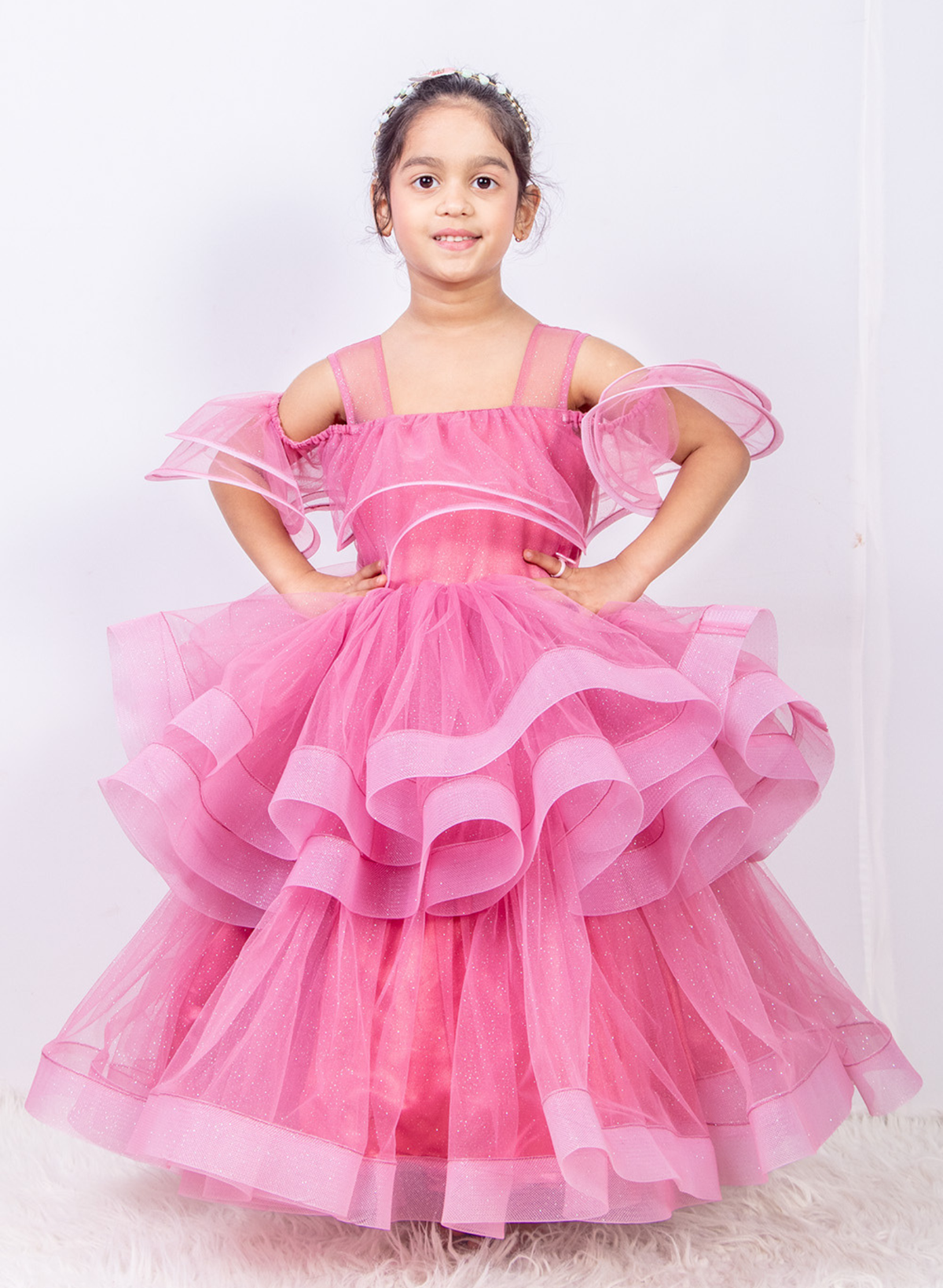 Pink Shimmer Net Layered Gown