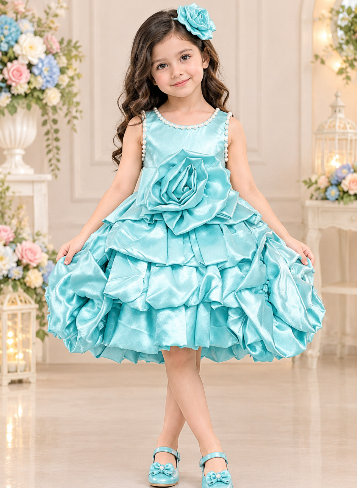 Sky-Blue Satin Rose Flare Dress