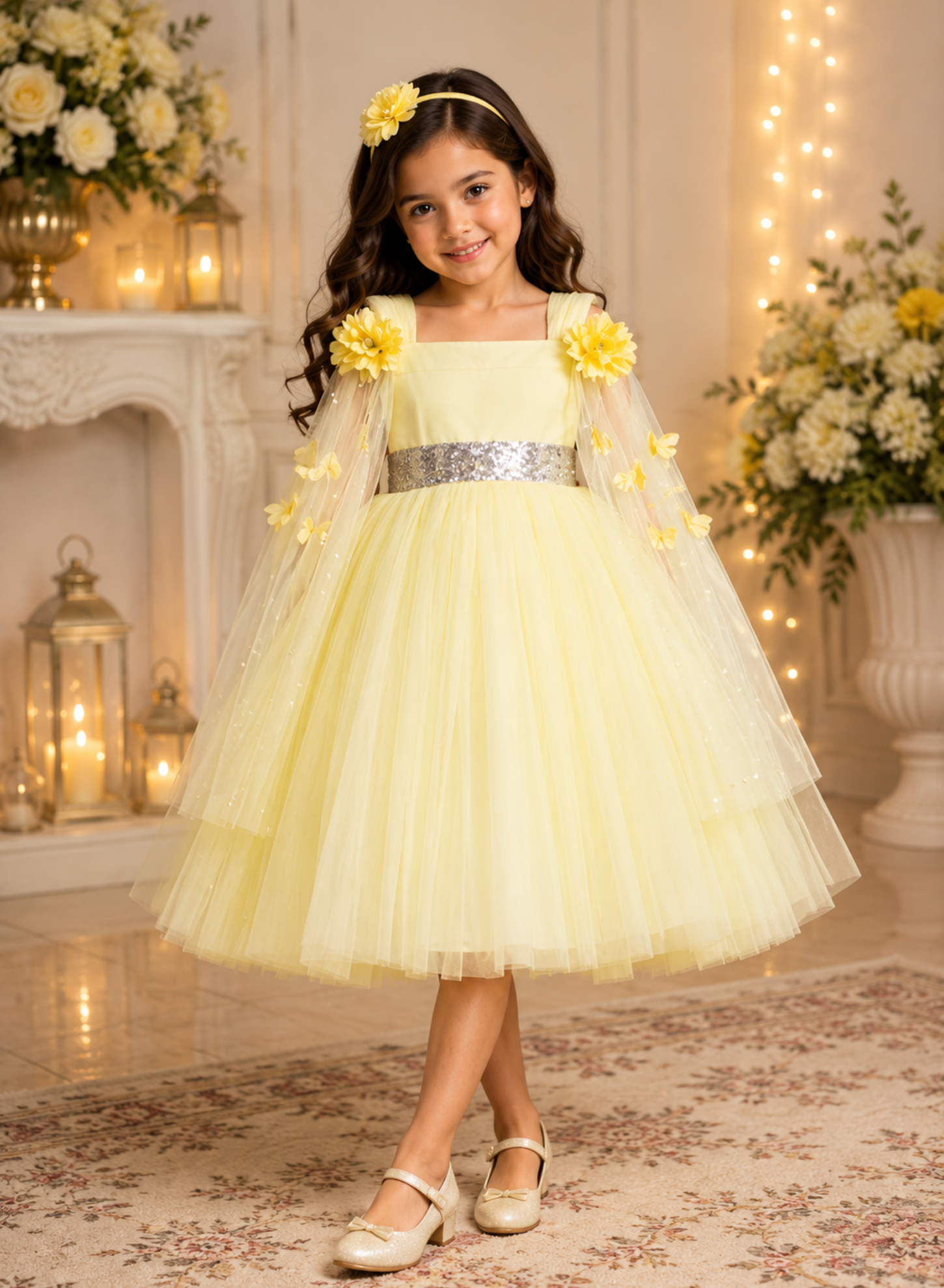 Lemon Yellow Elongated Flowers Sleeves Gown