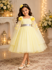 Lemon Yellow Elongated Flowers Sleeves Gown