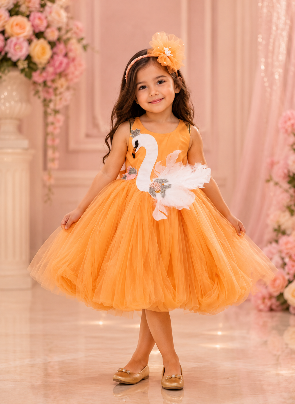 Peach Swan Theme Detachable Trail Tulle Frock