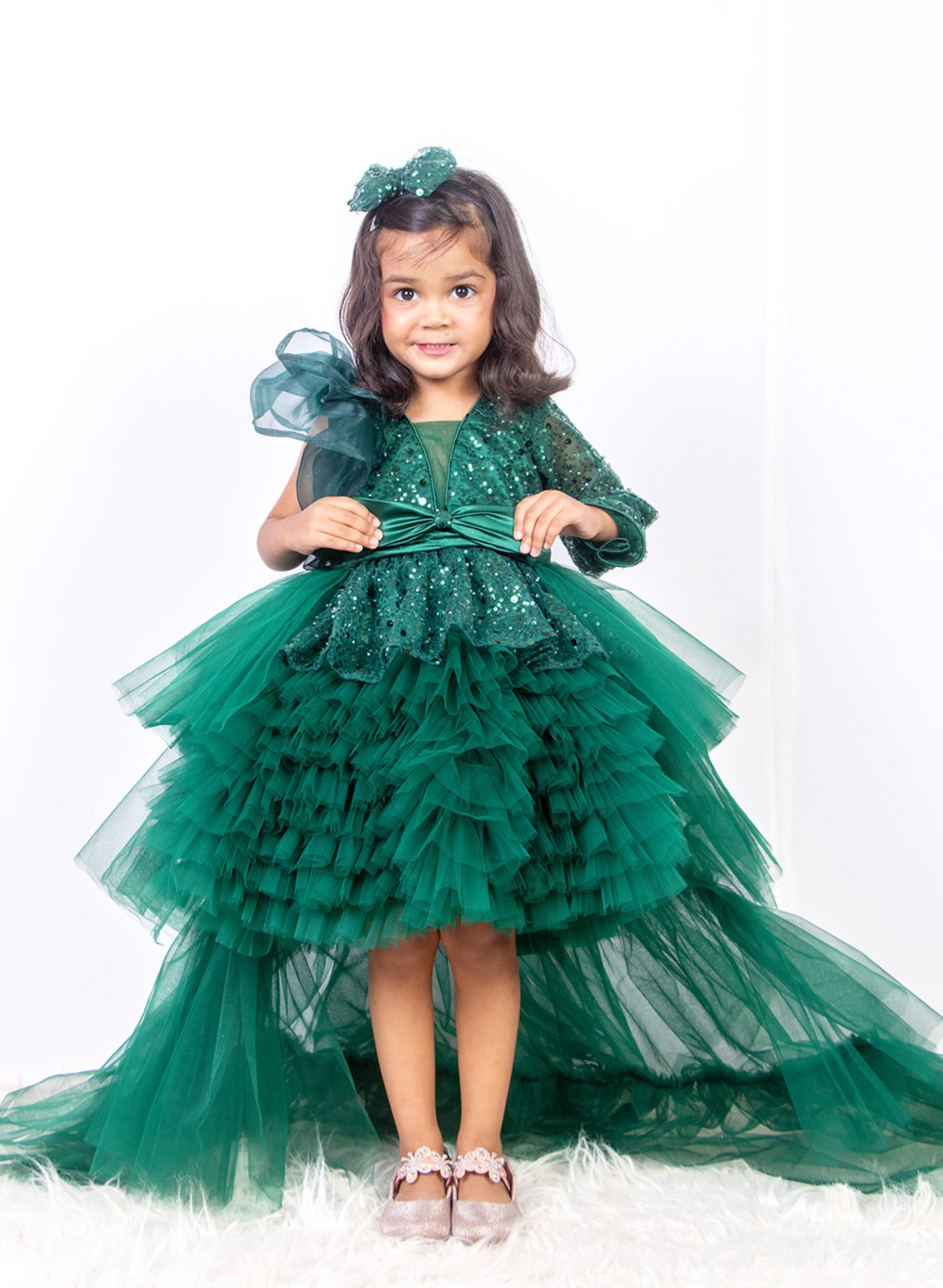 Bottle Green Ruffled Dress with Ruffled Trail
