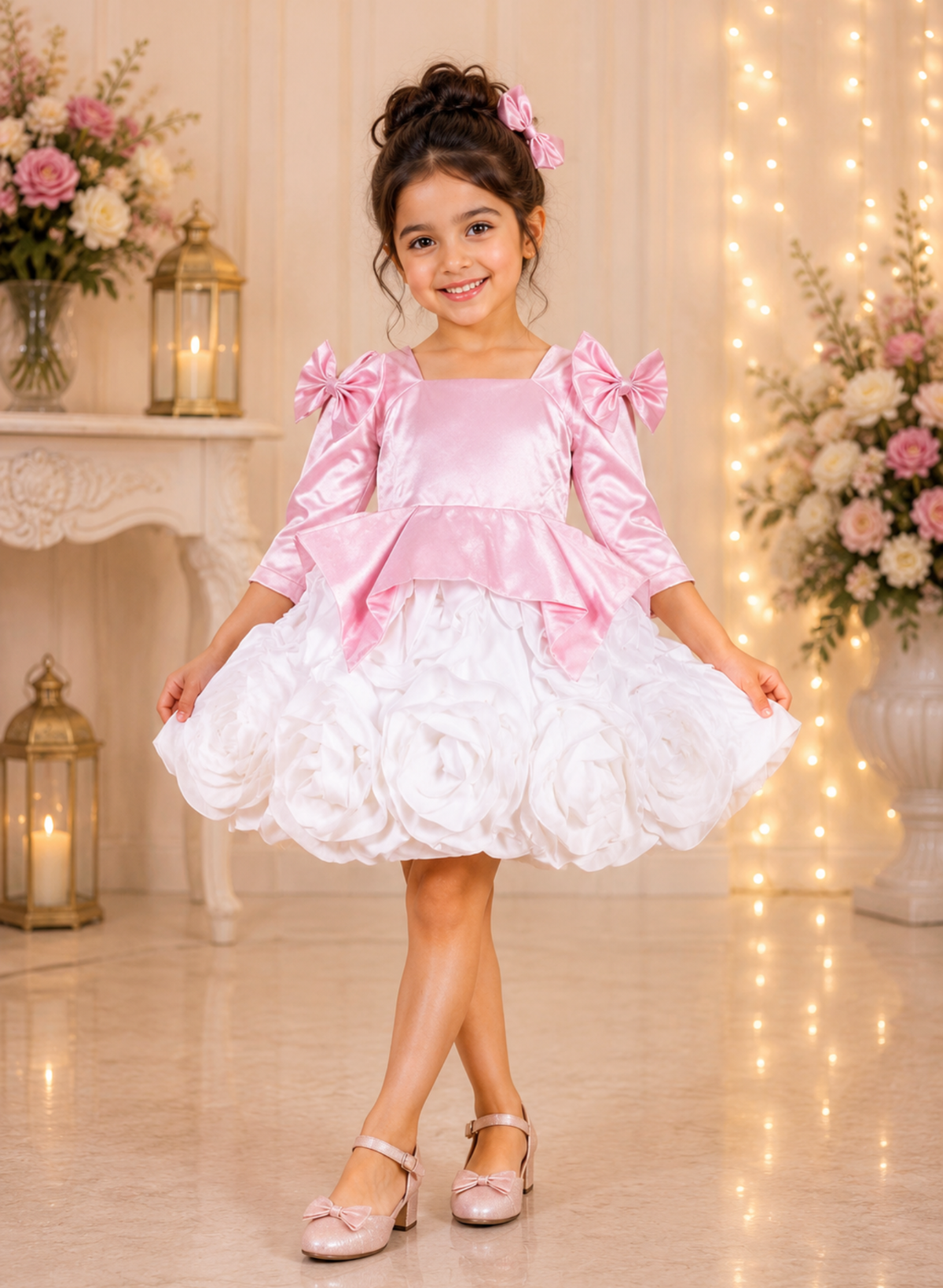 Pink White Satin Rose Dress