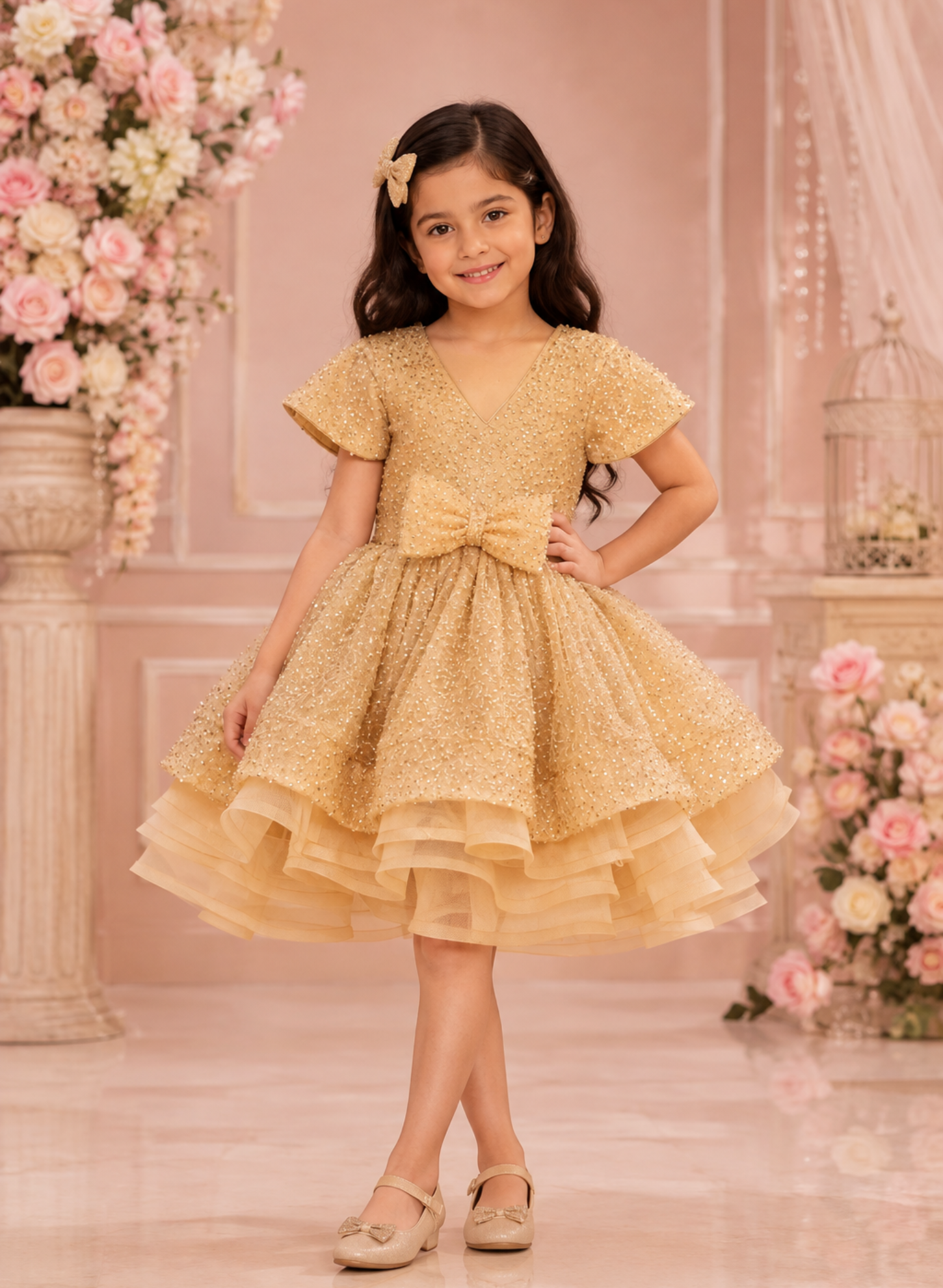 Golden Heavy Embroidered Butterfly Dress