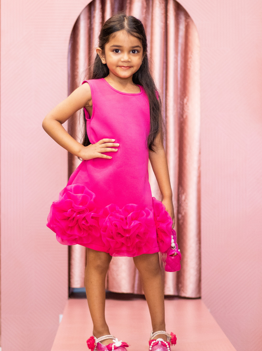 Pink Scuba Flower Hem Dress