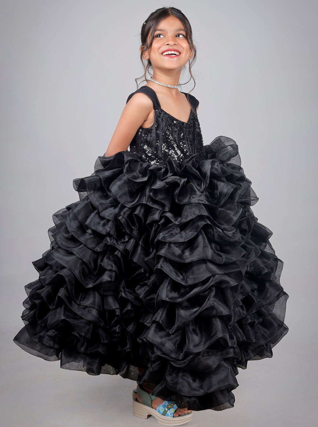 Midnight Bloom Ruffle Gown For Girls