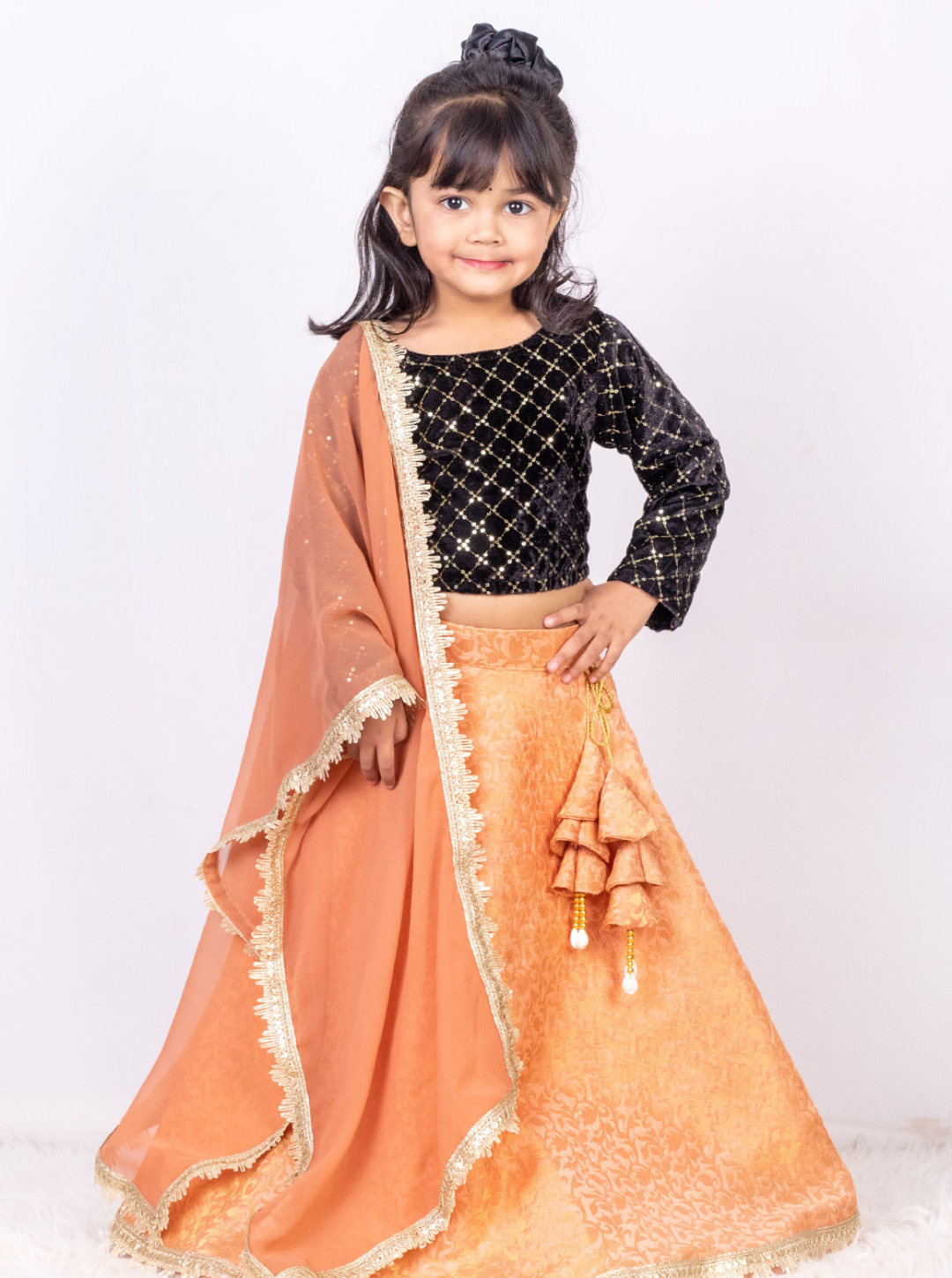 Black and Peach Brocade and Velvet Lehenga