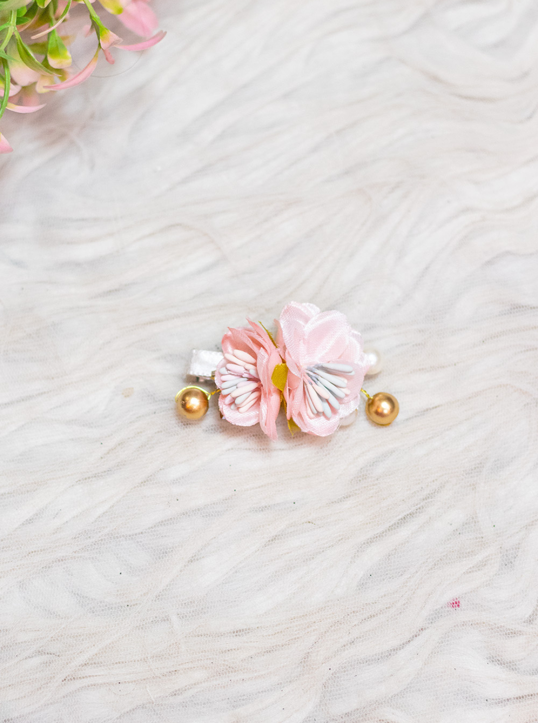 Pastel Pink Floral Hair Clip with Beads