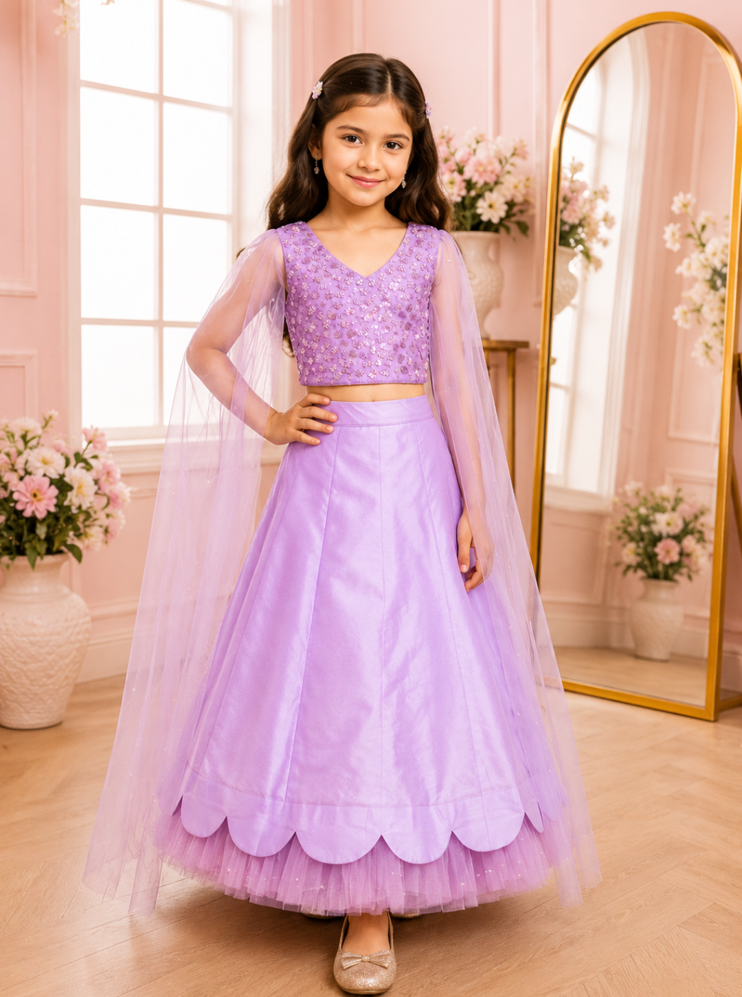 Lavender Scallops Lehenga with Long Sleeves