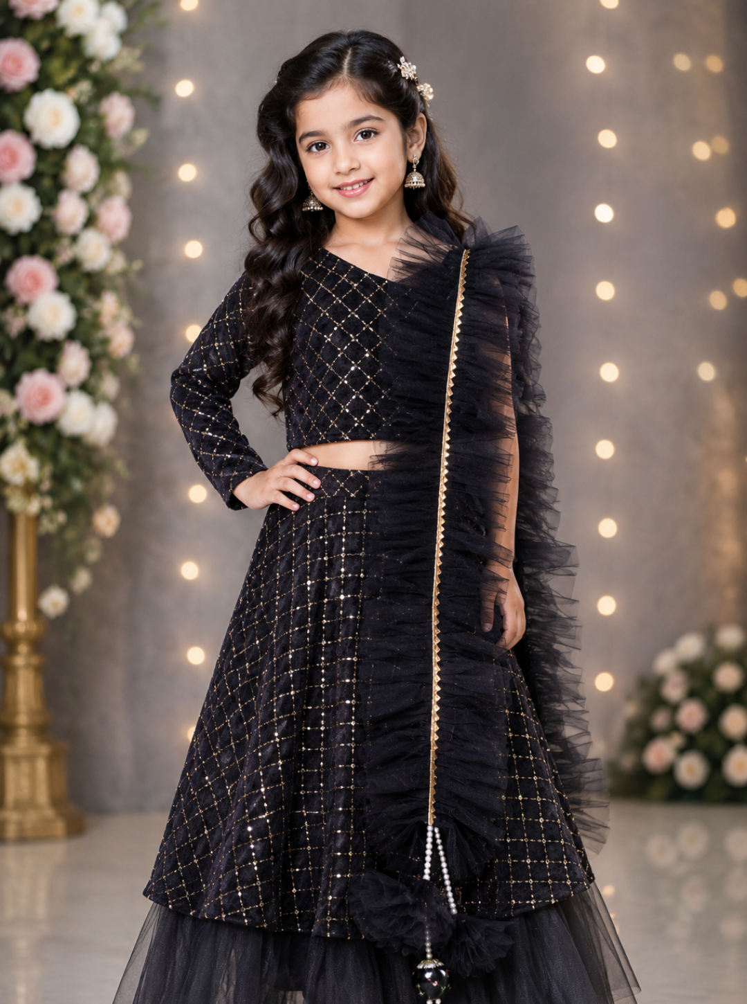 Black Velvet One Off Shoulder Lehenga