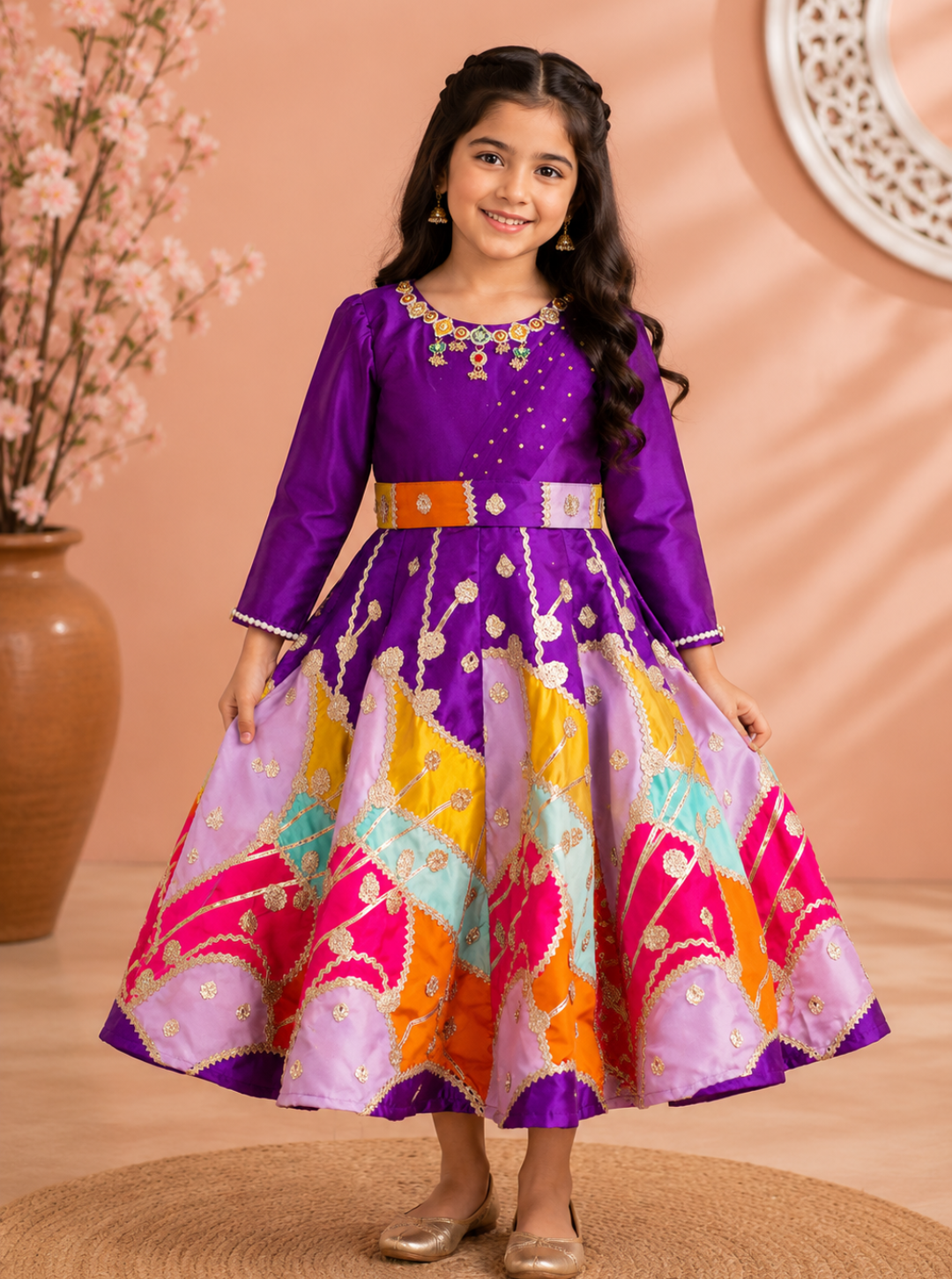 Royal Patchwork Ethnic Gown with Necklace