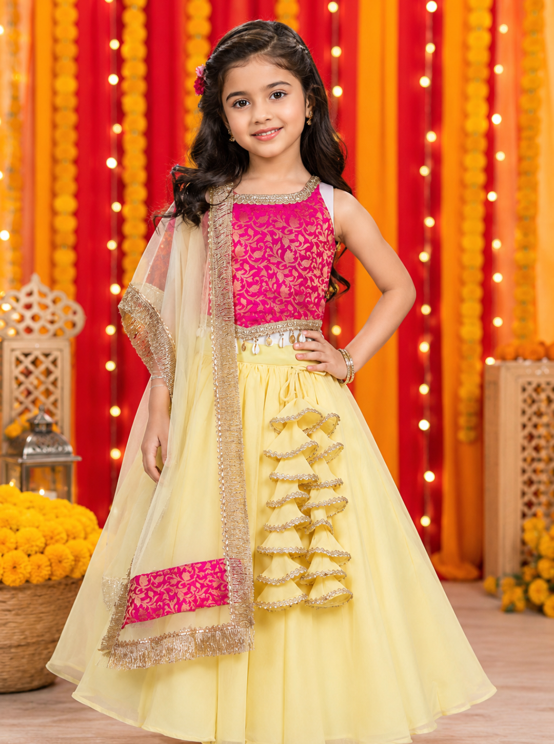 Lemon Yellow and Pink Lehenga
