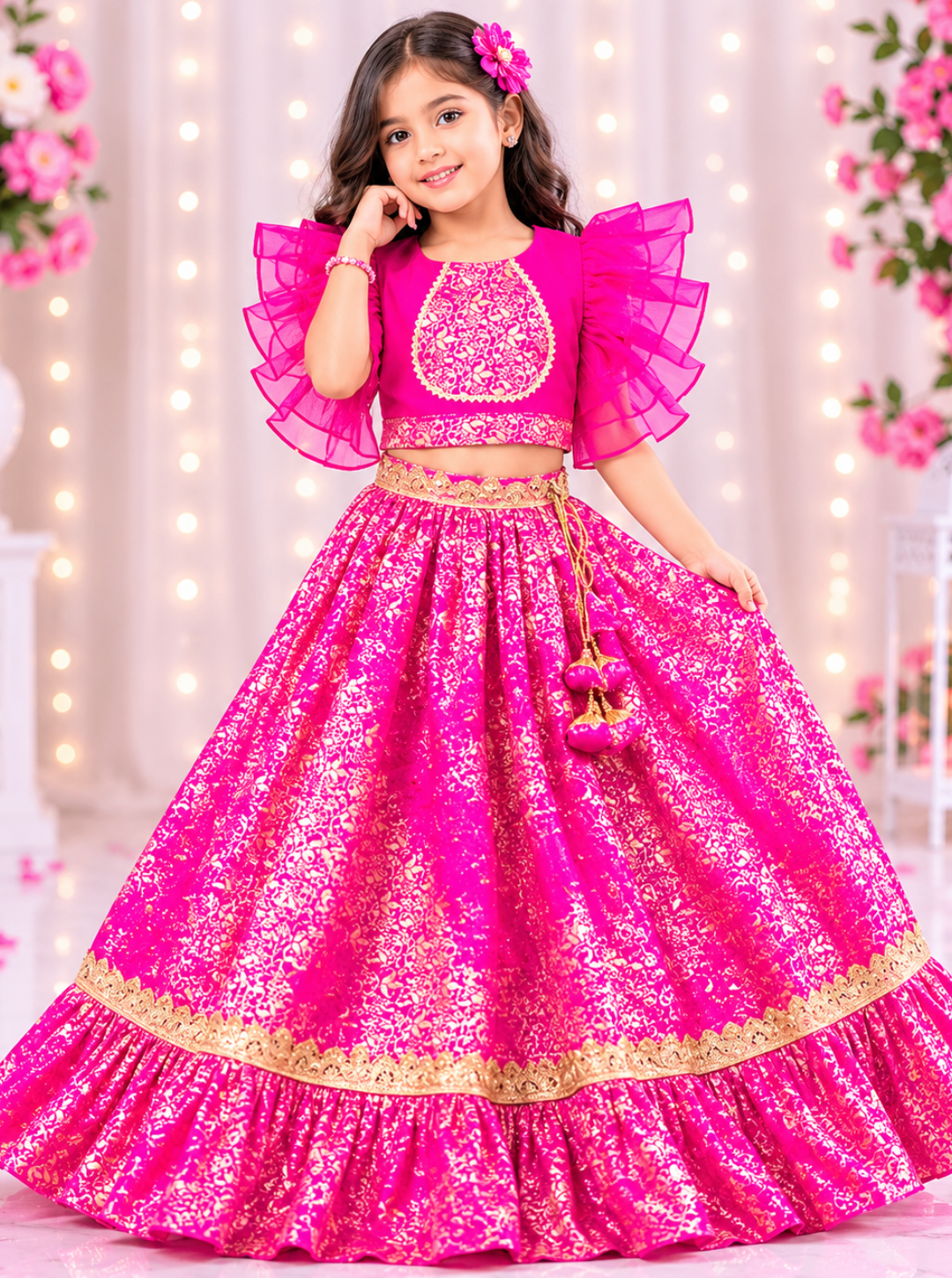 Hot Pink Brocade Skirt Top Set